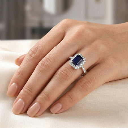 D'Joy Fissure Filled Blue Sapphire &amp; Moissanite Halo Ring in Rhodium Overlay Sterling Silver 1.88 Ct. 8518812 2