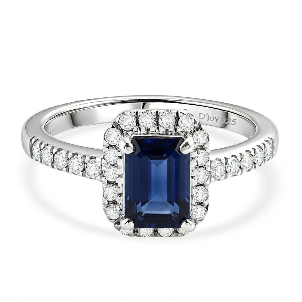 D'Joy Fissure Filled Blue Sapphire &amp; Moissanite Halo Ring in Rhodium Overlay Sterling Silver 1.88 Ct. 8518813 0