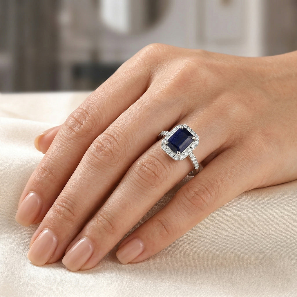 Royal Bali Collection - D'Joy Fissure Filled Blue Sapphire & Moissanite Halo Ring in Rhodium Overlay Sterling Silver 1.88 Ct._8518813_1