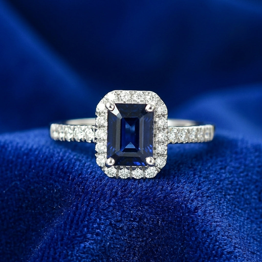 D'Joy Fissure Filled Blue Sapphire &amp; Moissanite Halo Ring in Rhodium Overlay Sterling Silver 1.88 Ct. 8518813 3