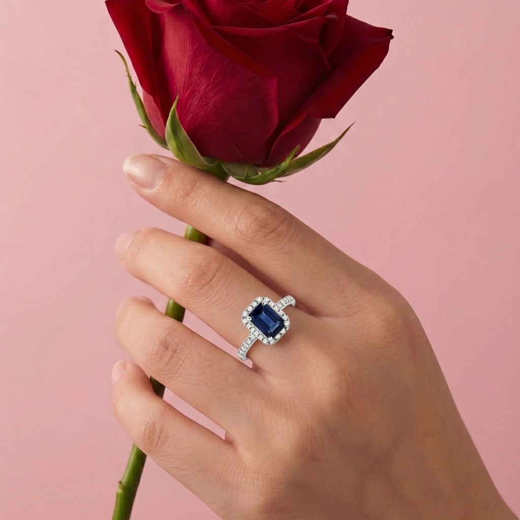 D'Joy Fissure Filled Blue Sapphire &amp; Moissanite Halo Ring in Rhodium Overlay Sterling Silver 1.88 Ct. 8518813 6