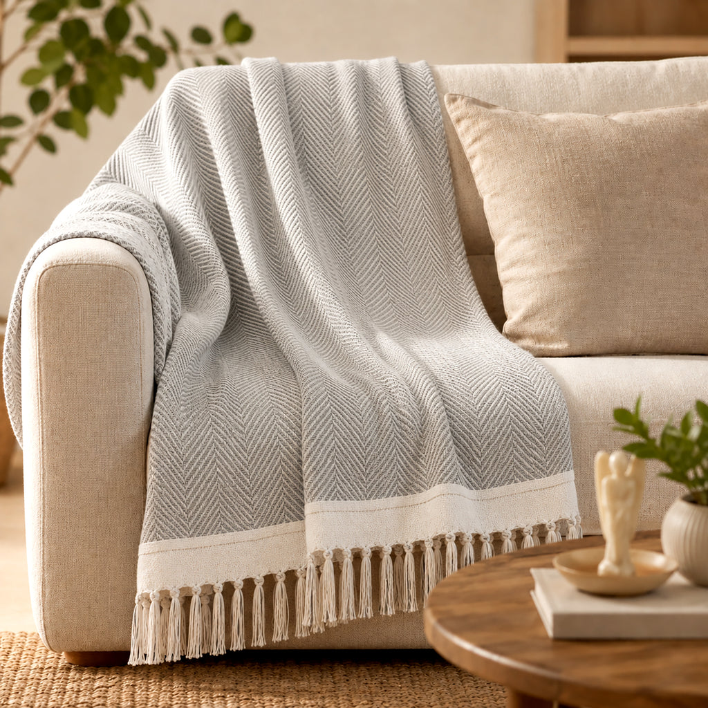 LIVMORE Cotton Patterned Throw Blanket (Size 130x1 cm) - Grey_8518990_1