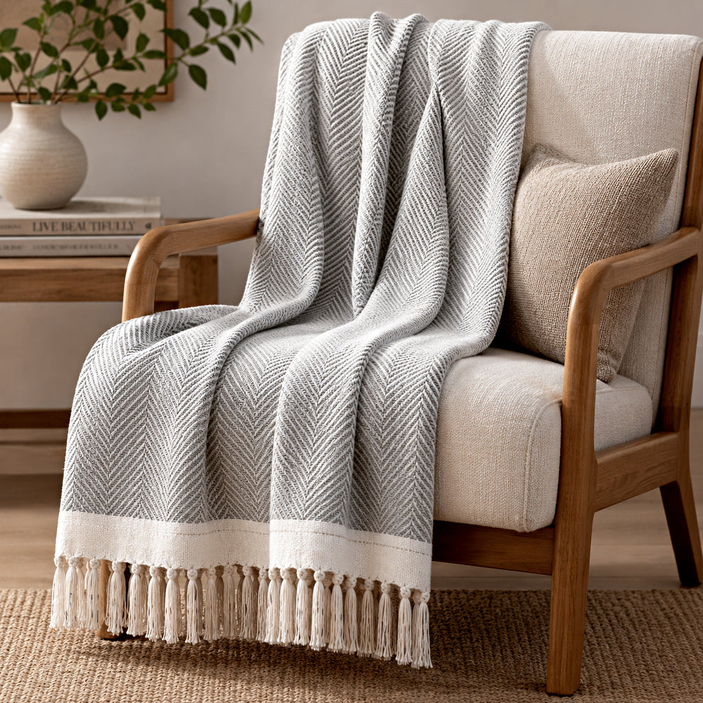 LIVMORE Cotton Patterned Throw Blanket (Size 130x1 cm) - Grey_8518990_3