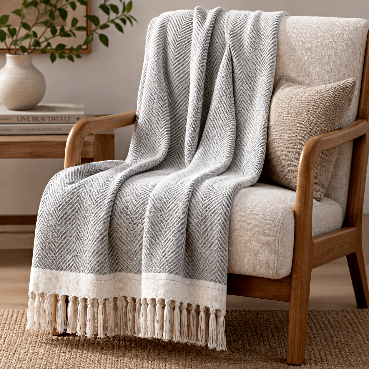 Livmore 100%  Cotton Woven Throw Blanket - (Size 130x160 cm) - Light Grey 8518990 3