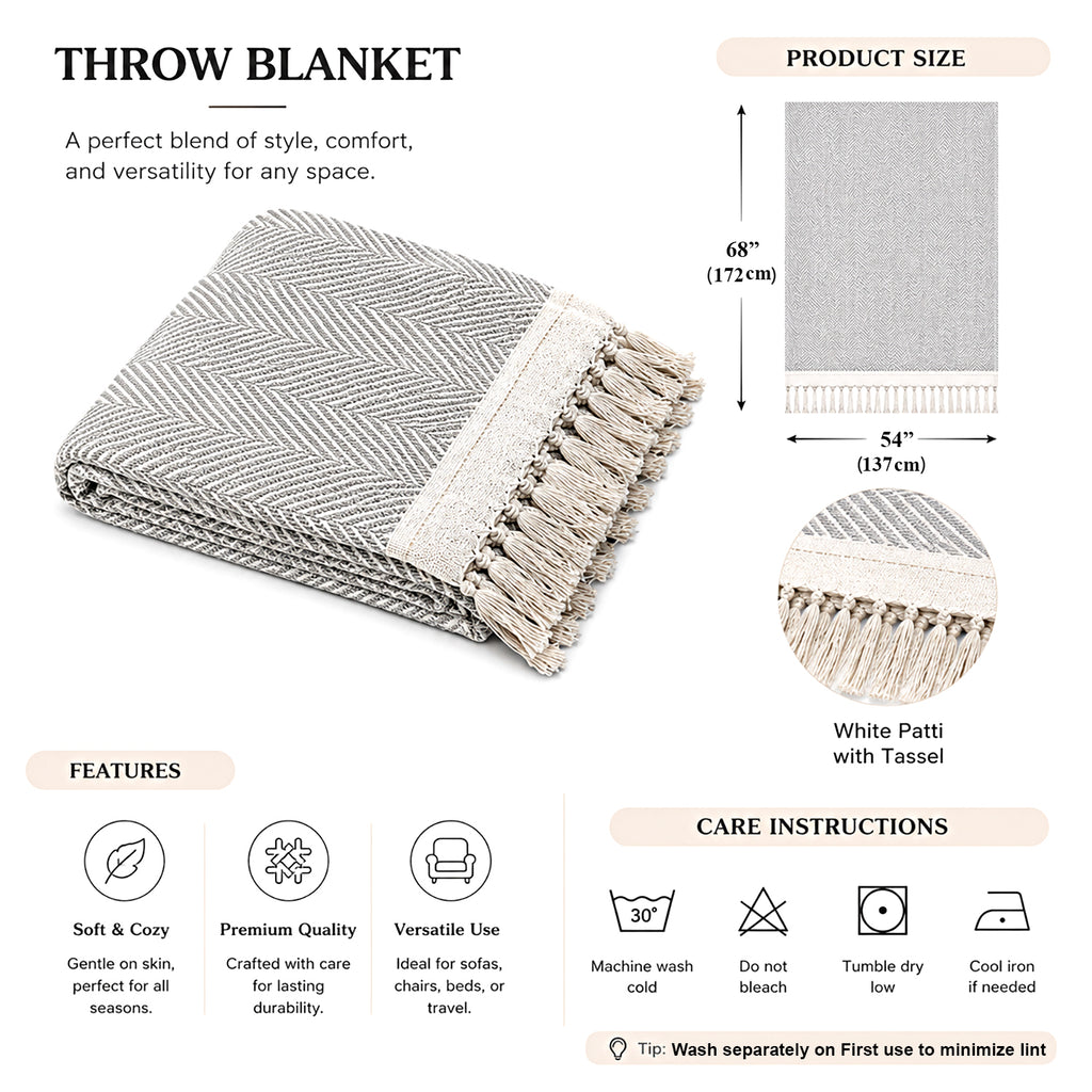 LIVMORE Cotton Patterned Throw Blanket (Size 130x1 cm) - Grey_8518990_4