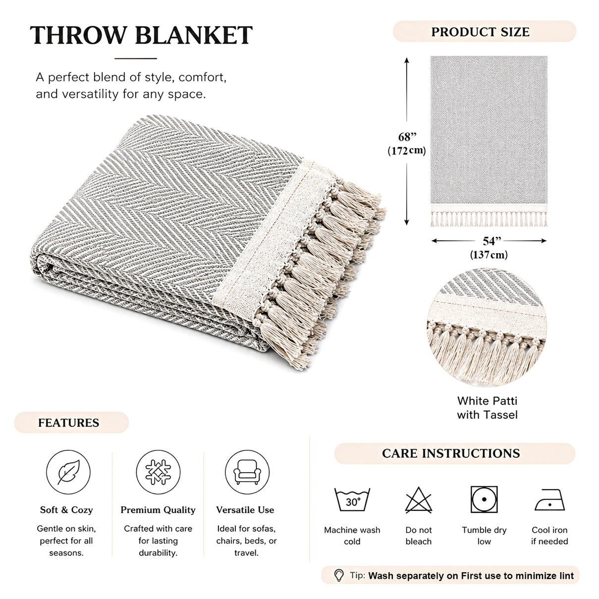 Livmore 100%  Cotton Woven Throw Blanket - (Size 130x160 cm) - Light Grey 8518990 4