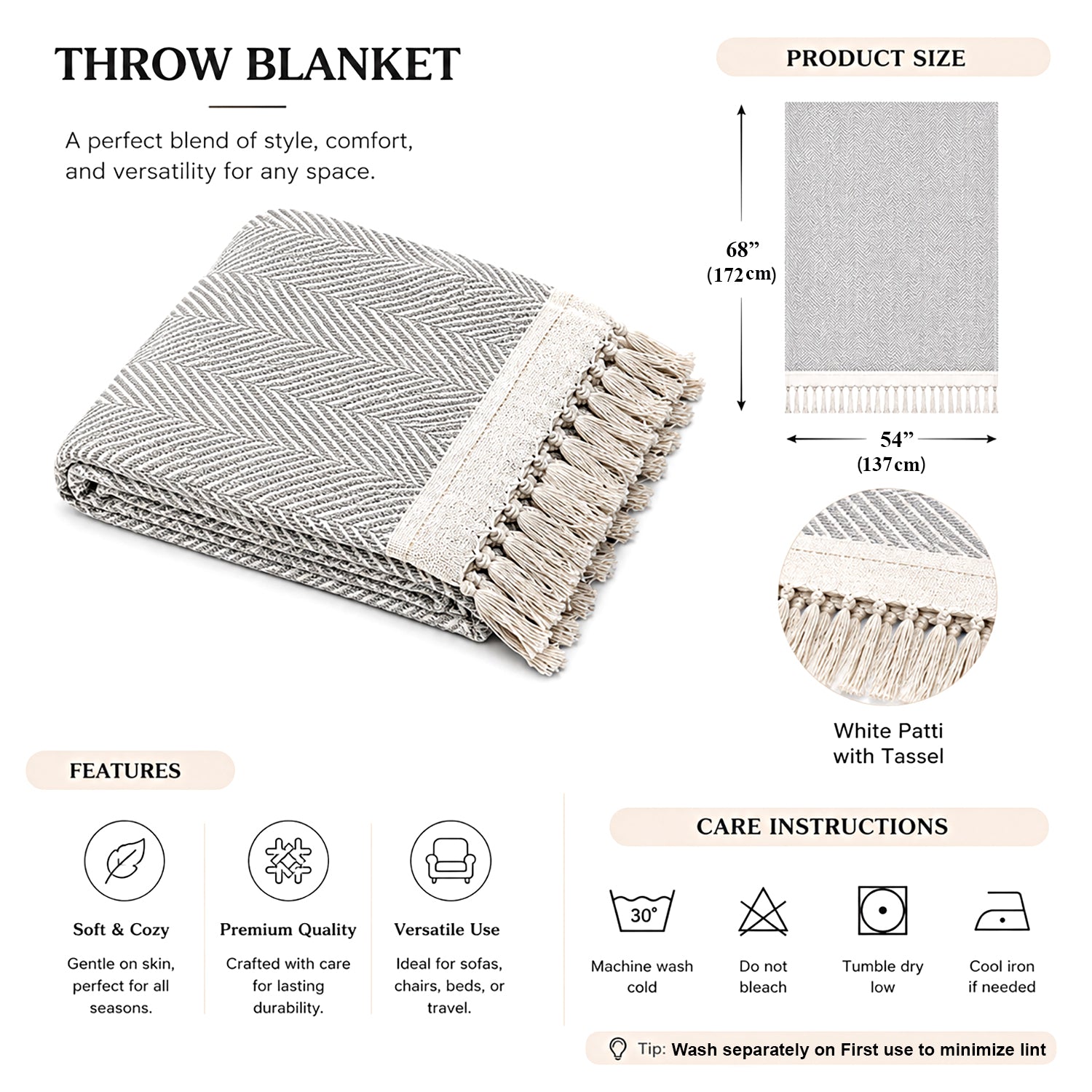 Livmore 100%  Cotton Woven Throw Blanket - (Size 130x160 cm) - Light Grey 8518990 4