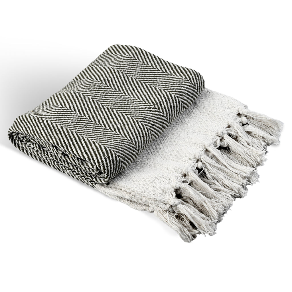 LIVMORE Cotton Patterned Throw Blanket (Size 130x1 cm) - Olive_8518991