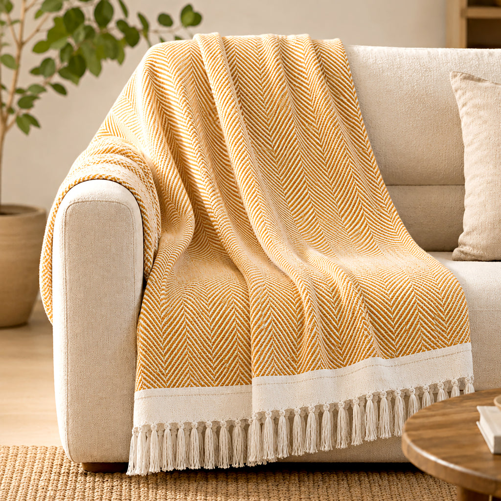 LIVMORE Cotton Patterned Throw Blanket (Size 130x1 cm) - Yellow_8518992_1