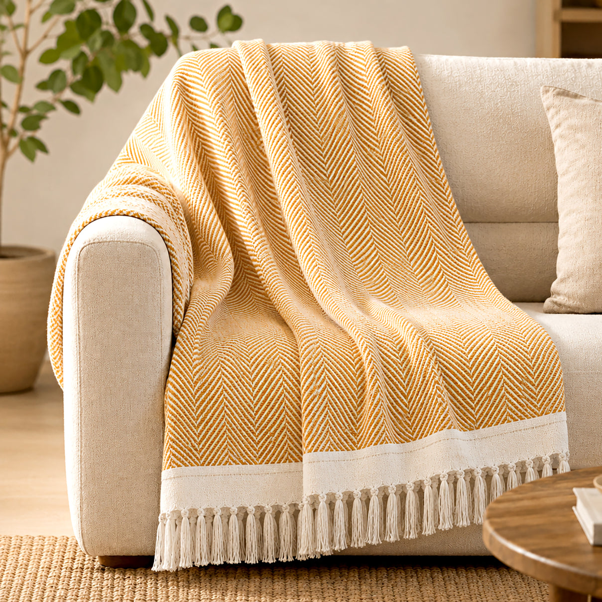 Livmore 100%  Cotton Woven Throw Blanket (Size 130x160 cm) - Mustard V32518996 2