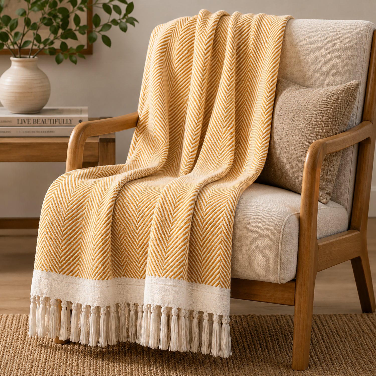 Livmore 100%  Cotton Woven Throw Blanket (Size 130x160 cm) - Mustard V32518996 4