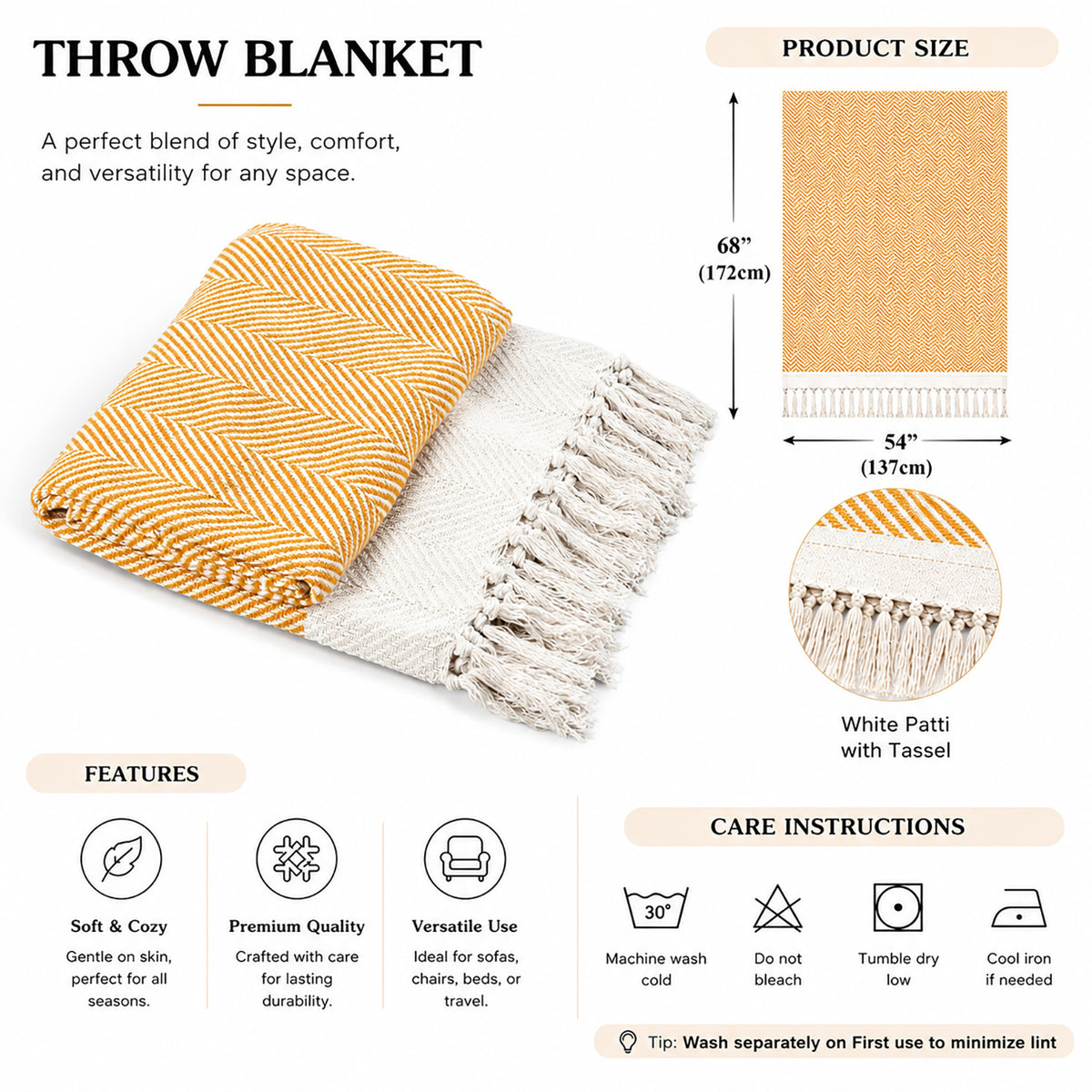 Livmore 100%  Cotton Woven Throw Blanket (Size 130x160 cm) - Mustard V32518996 5