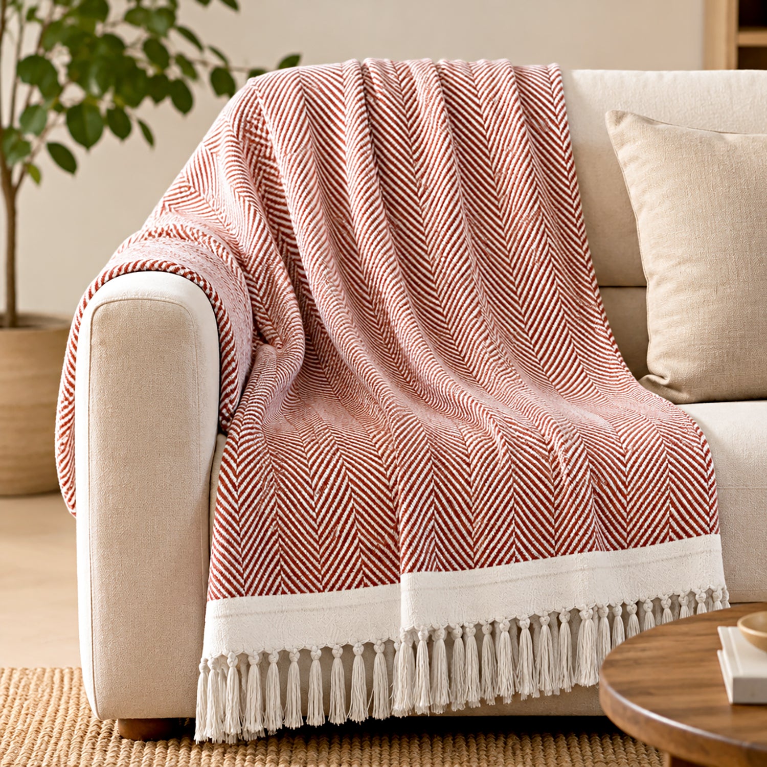 Livmore 100% Cotton Woven Throw Blanket (Size 130x160 cm) - Rust V32519937 2