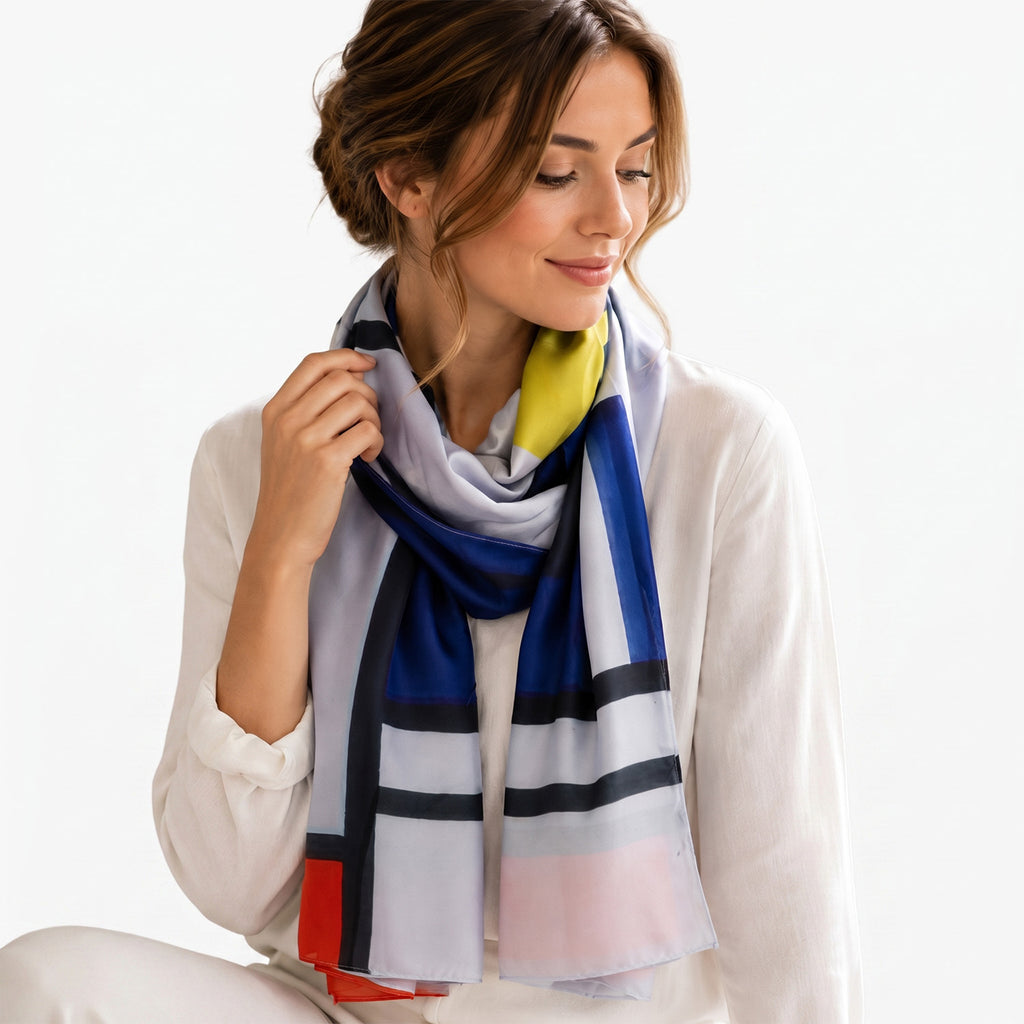 Abstract Art Geometric Composition Painting Print Silk Scarf (Size 70 x 180 Cm) - Multi_8519086