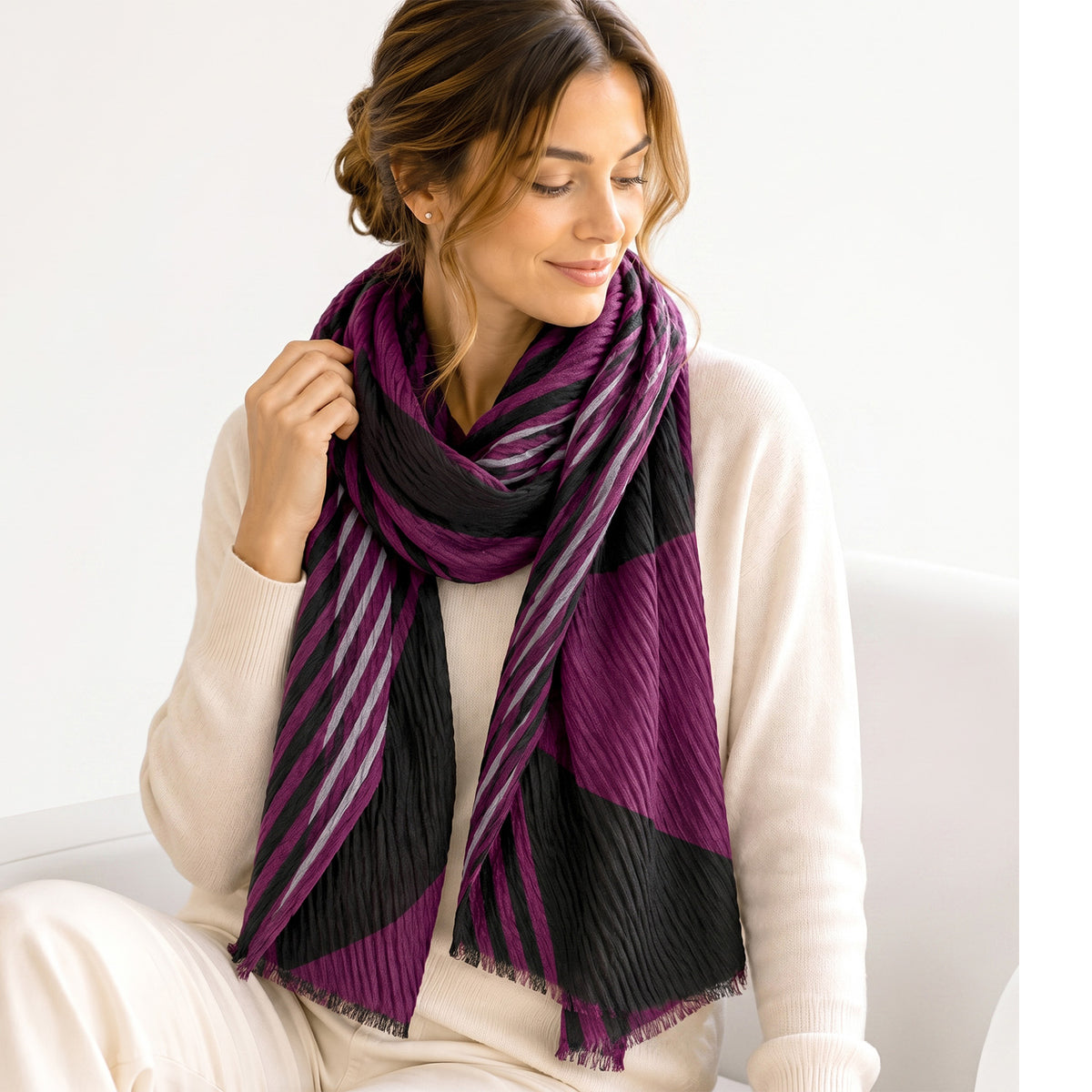 Large Diagonal Stripe Crinkle Frayed Scarf (Size 90 x 180 Cm) - Berry V32535092 0