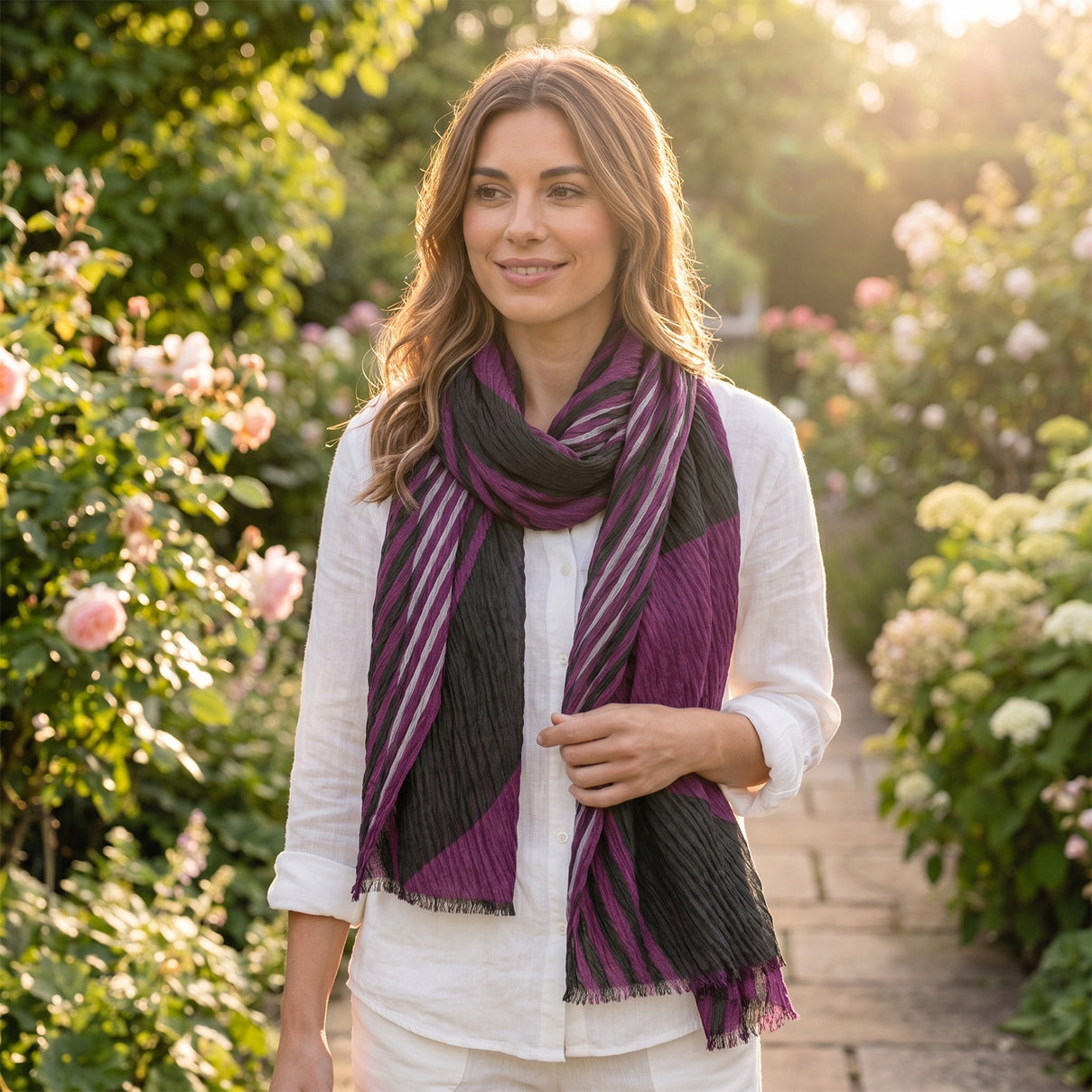Large Diagonal Stripe Crinkle Frayed Scarf (Size 90 x 180 Cm) - Berry V32535092 2