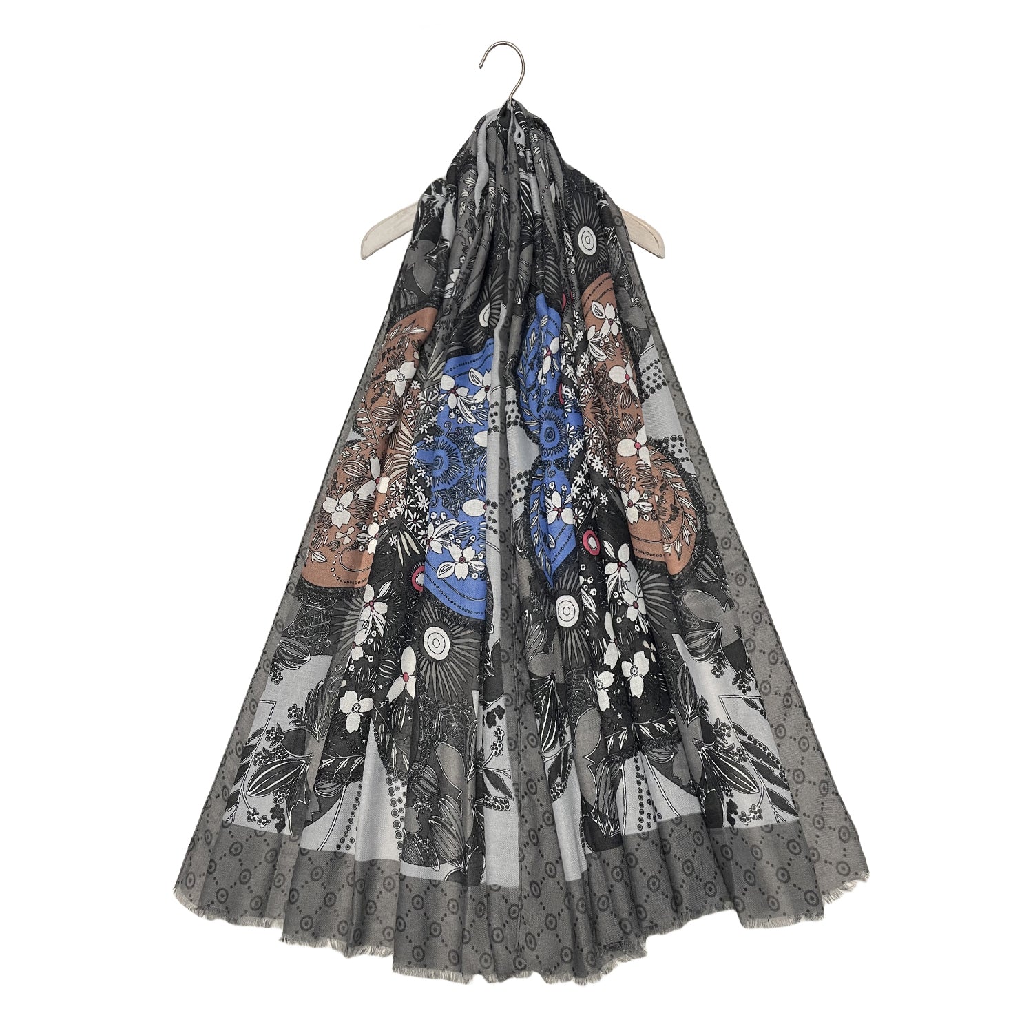 Floral Printed Shamrock Frayed Scarf (Size 90 x 180 Cm) - Grey V32513420 0