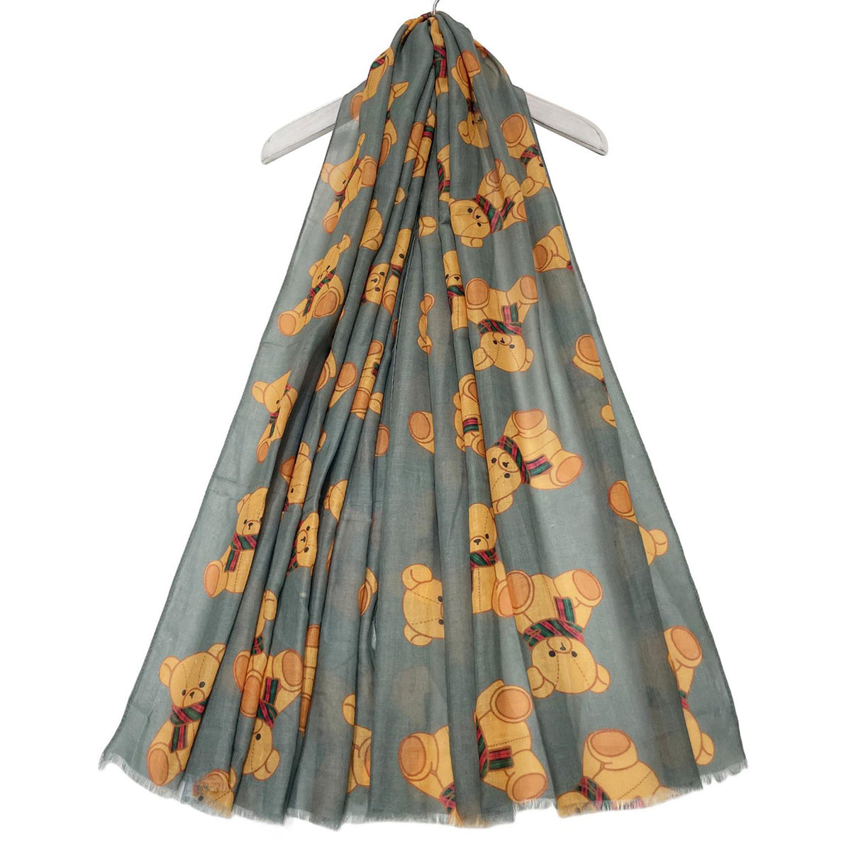 Cartoon Teddy Bear Print Frayed Scarf (Size 70 x 180 Cm) - Grey &amp; Orange V32517526 0