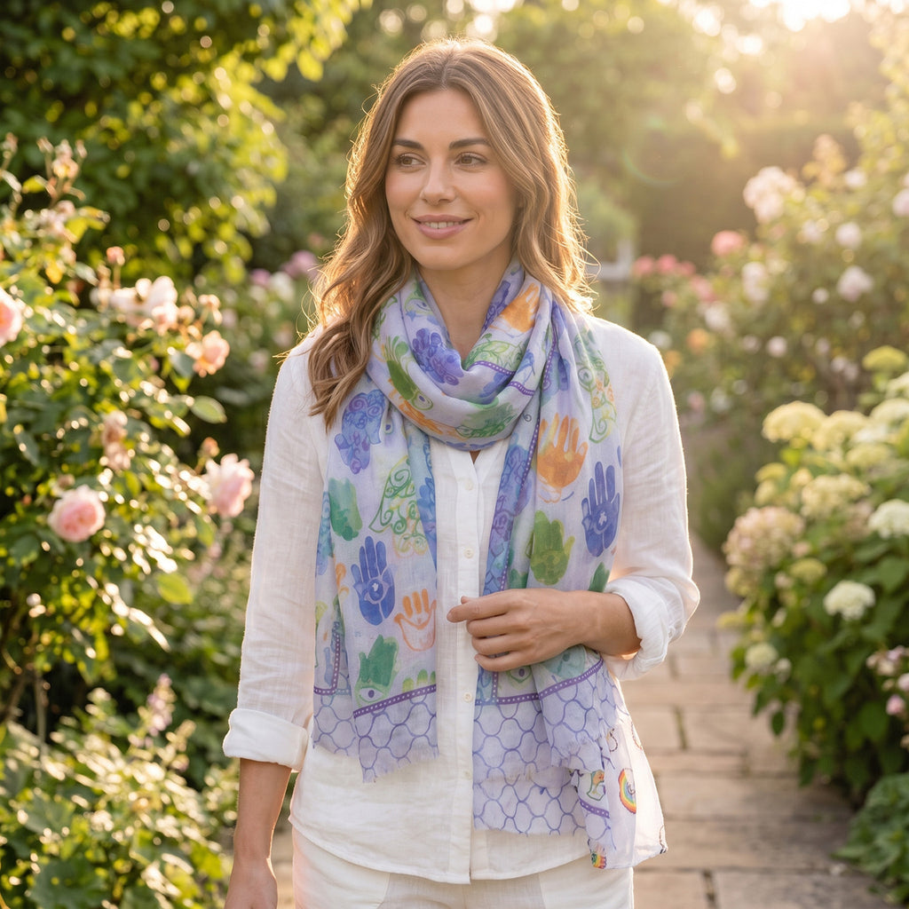 Hamsa Hand & Tile Border Print Frayed Scarf (Size 70 x 180 Cm) - Purple/ Multi_8519233_2