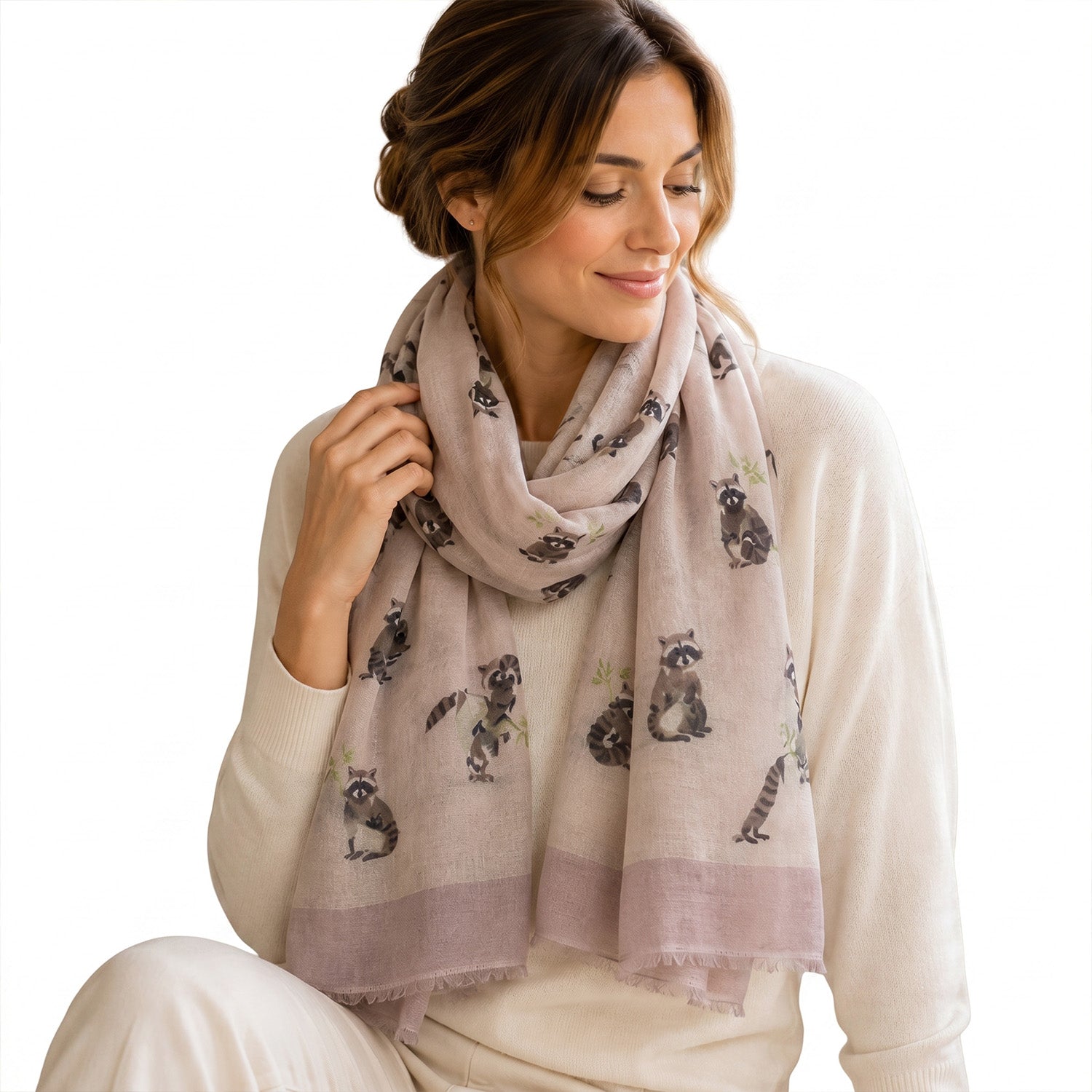 Raccoon Print Frayed Scarf (Size 70 x 180 Cm) - Beige V32516832 0