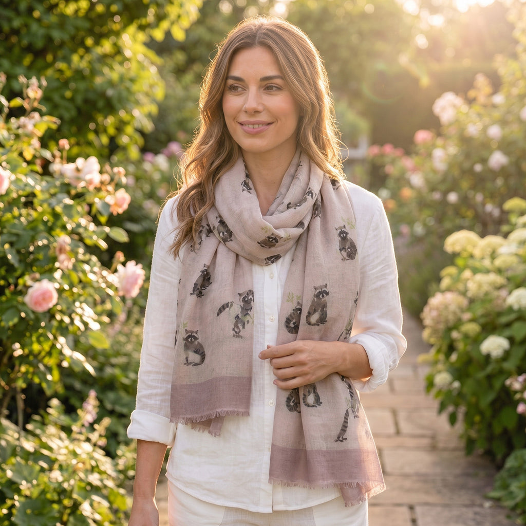 Raccoon Print Frayed Scarf (Size 70 x 180 Cm) - Beige_8519242_2