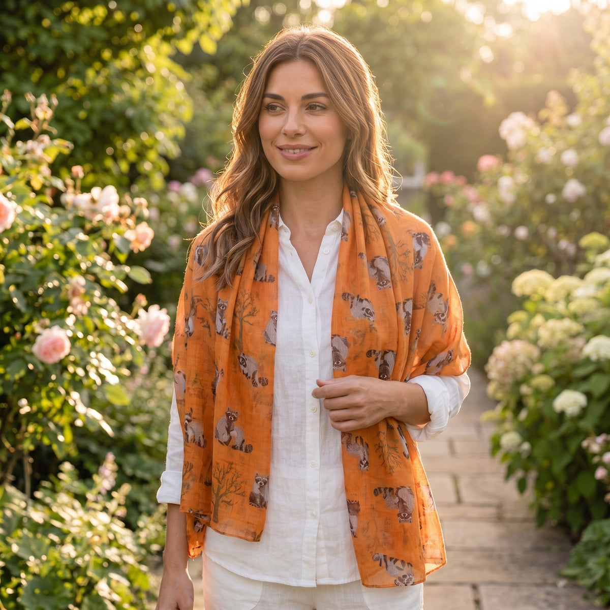 Raccoon Print Frayed Scarf (Size 70 x 180 Cm) - Orange V32512266 2