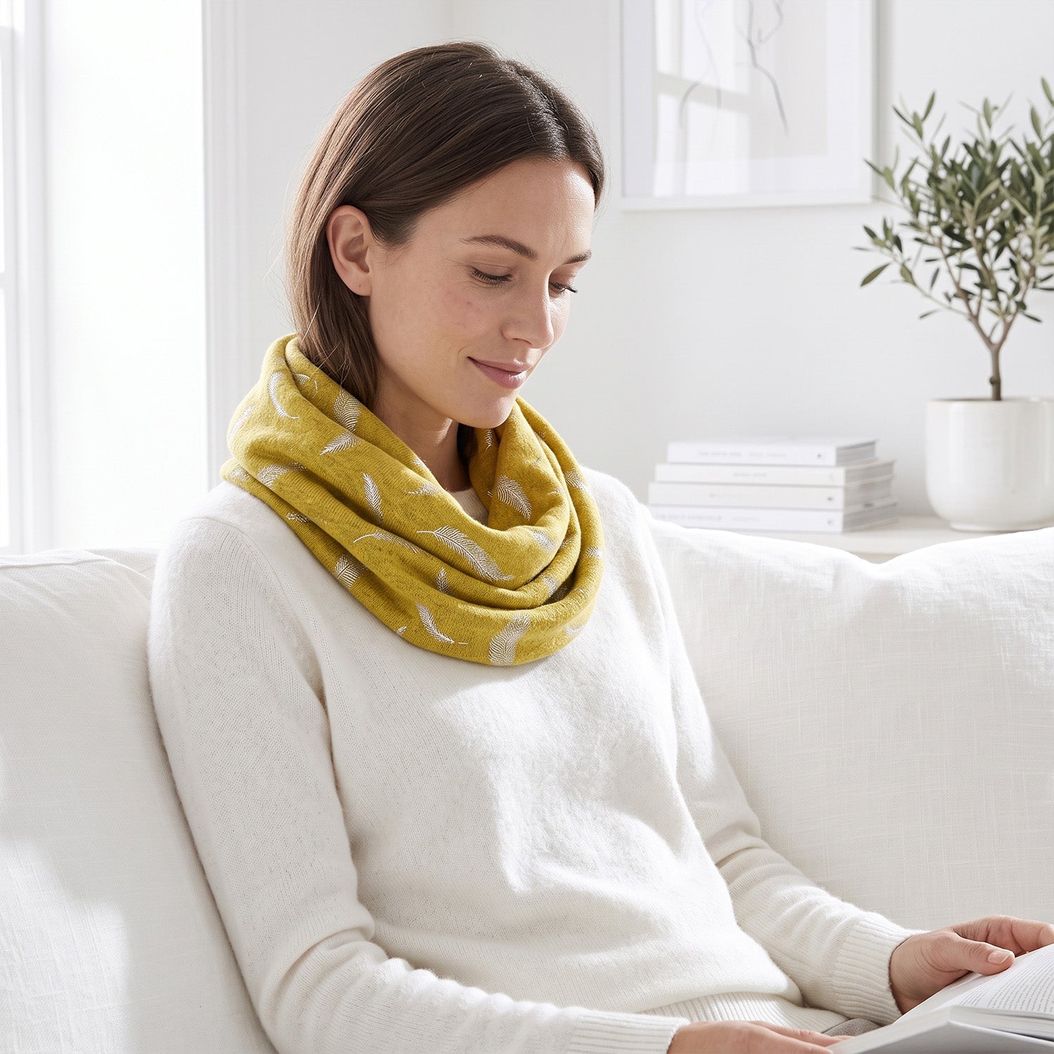 Silver Feather Print Snood (One Size) - Mustard V32350474 1