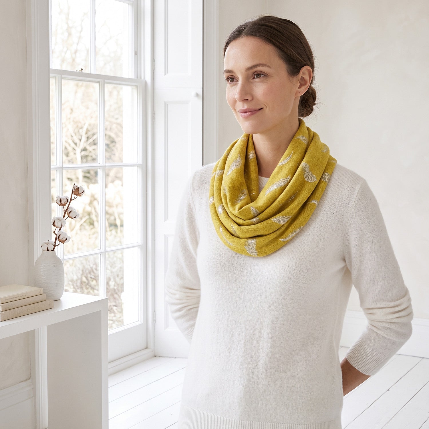 Silver Feather Print Snood (One Size) - Mustard V32345659 4
