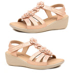 Amelia Womens Wedge T-Bar Summer Sandals With 3D Floral Detail (Size 4) - Rose Gold_8519338
