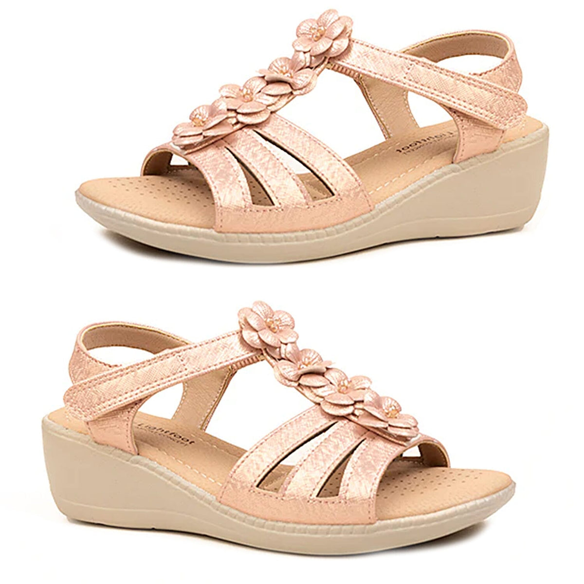 Amelia Womens Wedge T-Bar Summer Sandals With 3D Floral Detail (Size 4) - Rose Gold V32512454 0