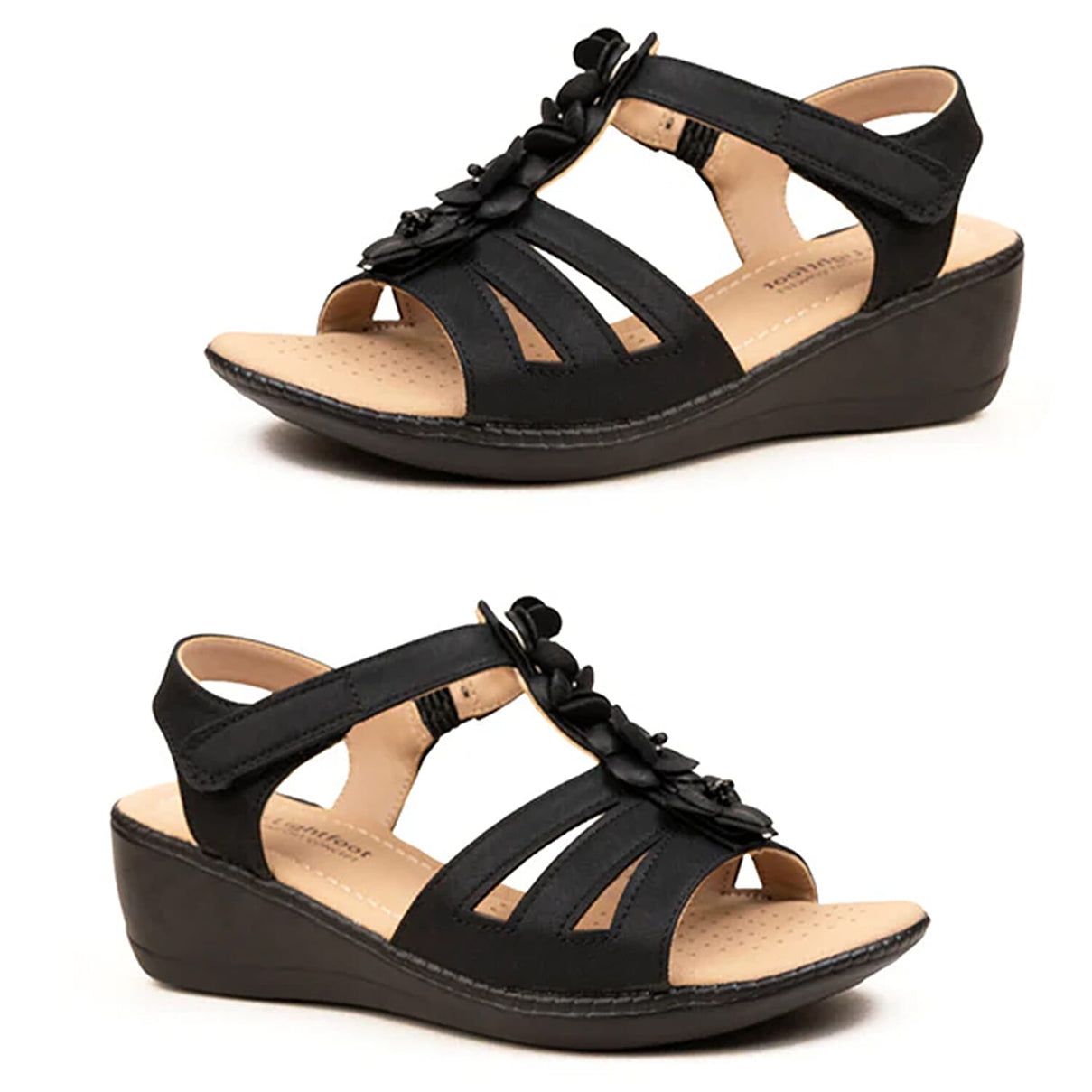 Amelia Womens Wedge T-Bar Summer Sandals With 3D Floral Detail (Size 3) - Black V32512547 0