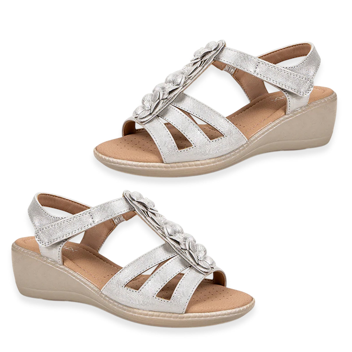 Amelia Womens Wedge T-Bar Summer Sandals With 3D Floral Detail (Size 7) - Silver V32536116 0