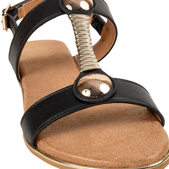 Quinn Ladies Open Toe Gold Beading T-Bar Comfort Slingback Flat Sandals (Size 3) - Black 8519427 1