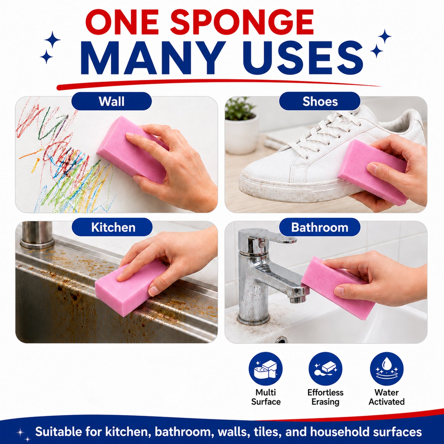 12-Piece Pink Magic Sponge Eraser Set - High-Density Melamine Foam 30D Cleaning Pads for Kitchen, Bathroom &amp; Walls (10x6x2cm) - Pink V32512359 6