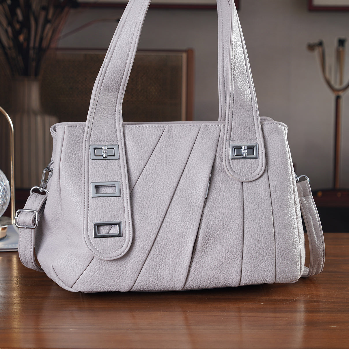 Designer Inspired - Dual-Handle Convertible Crossbody &amp; Shoulder Handbag - Grey V32528098 2