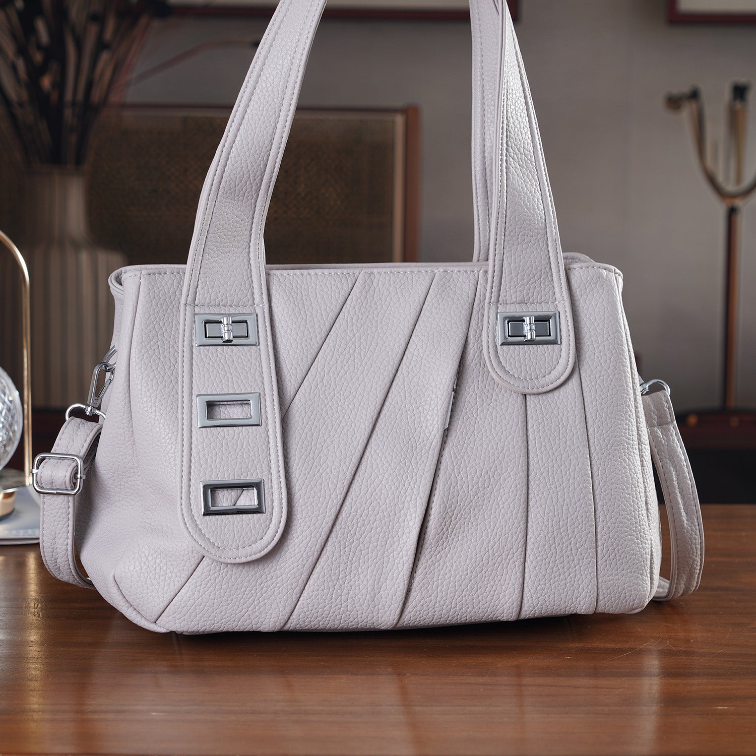 Designer Inspired - Dual-Handle Convertible Crossbody &amp; Shoulder Handbag - Grey V32528098 2