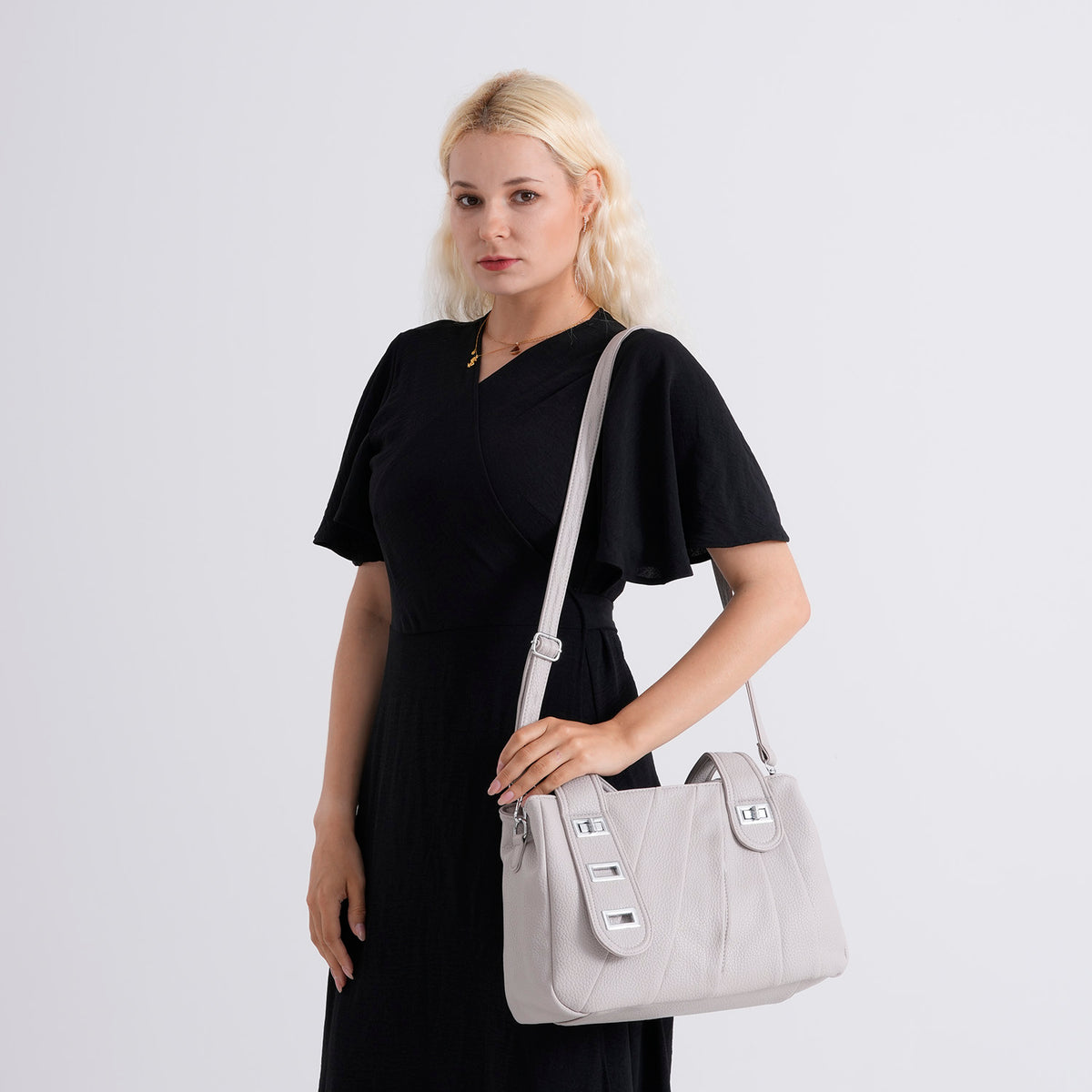 Designer Inspired - Dual-Handle Convertible Crossbody &amp; Shoulder Handbag - Grey V32528098 3