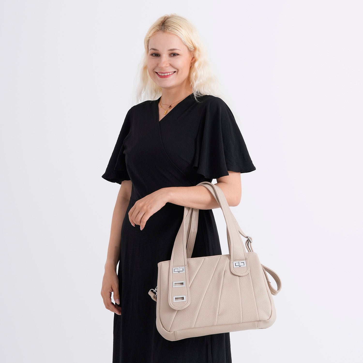 Designer Inspired - Dual-Handle Convertible Crossbody &amp; Shoulder Handbag - Khaki V32527754 4