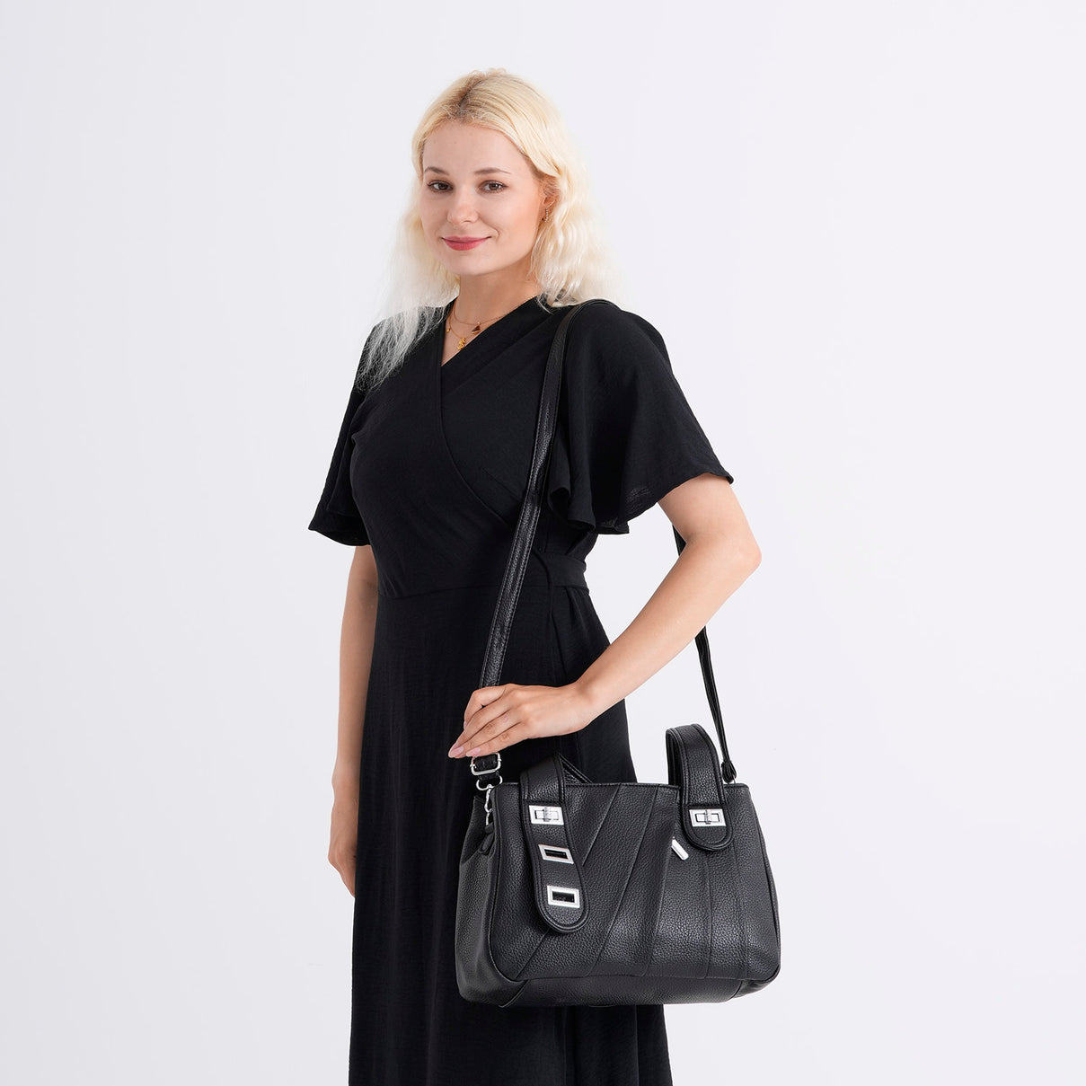 Designer Inspired - Dual-Handle Convertible Crossbody &amp; Shoulder Handbag - Black 8519659 3