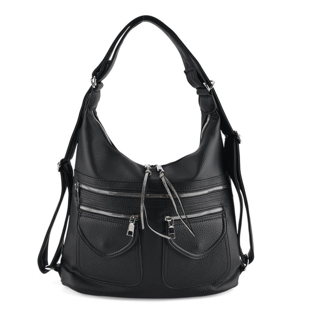 Designer Inspired Womens Multi-Pocket Crossbody Hobo Bag - Black_8519684