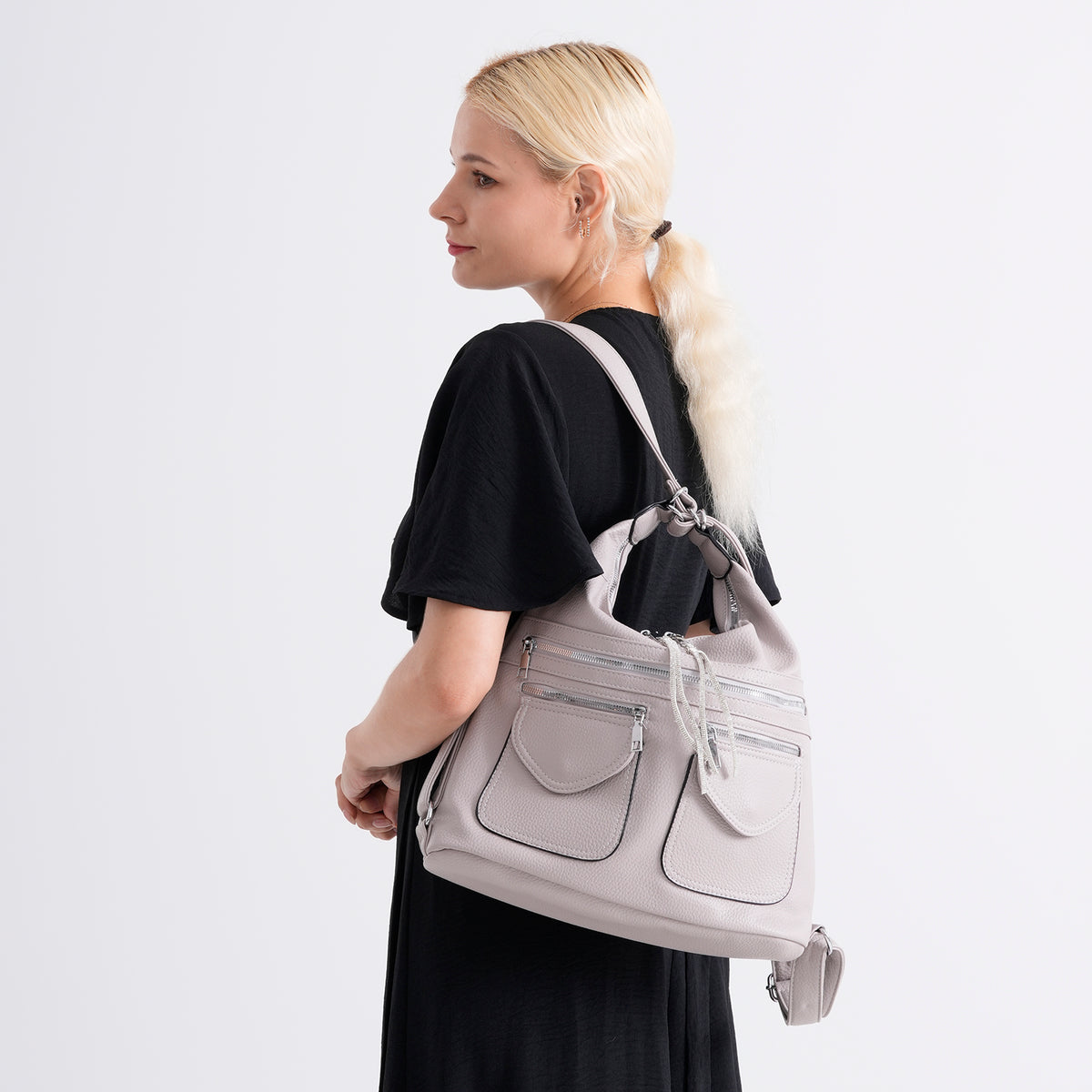 Designer Inspired Womens Multi-Pocket Crossbody Hobo Bag - Grey V32604000 2