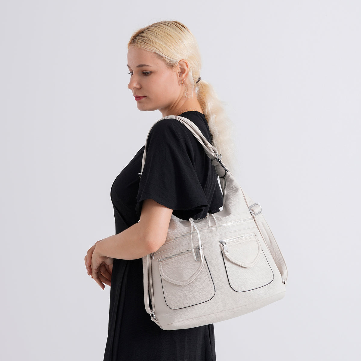 Designer Inspired Womens Multi-Pocket Crossbody Hobo Bag - White V32576077 2