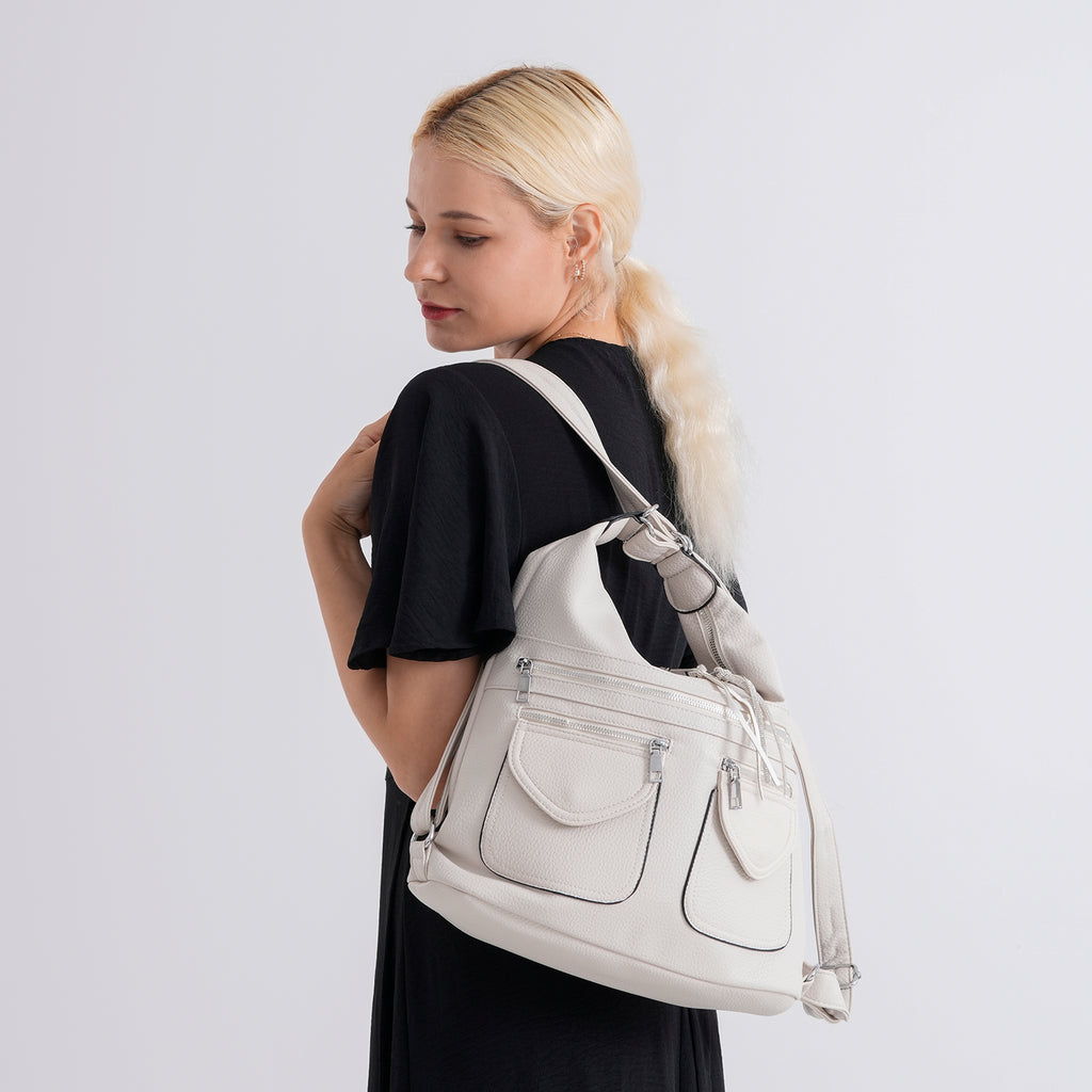 Designer Inspired Womens Multi-Pocket Crossbody Hobo Bag - White_8519687_3