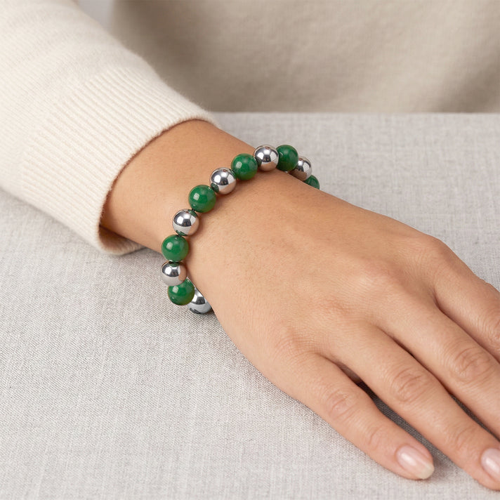 Green Jadeite Jade and Hematite Stretchable Bracelet (Size - 7.5) 200.00 Ct. 8519748 2