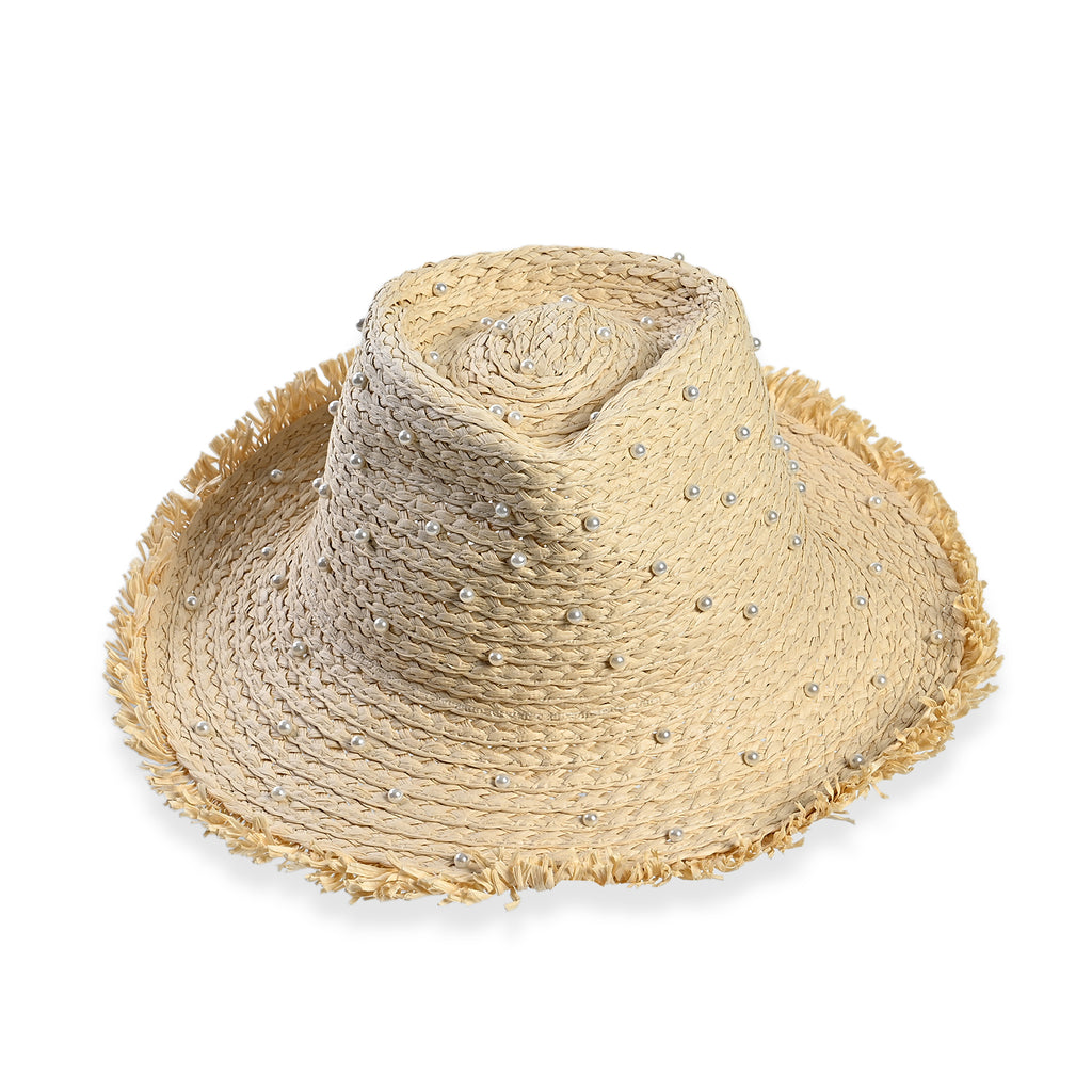 Designer Paper Straw Sun Hat with Artificial Pearls (58cm) - Off White_8519771
