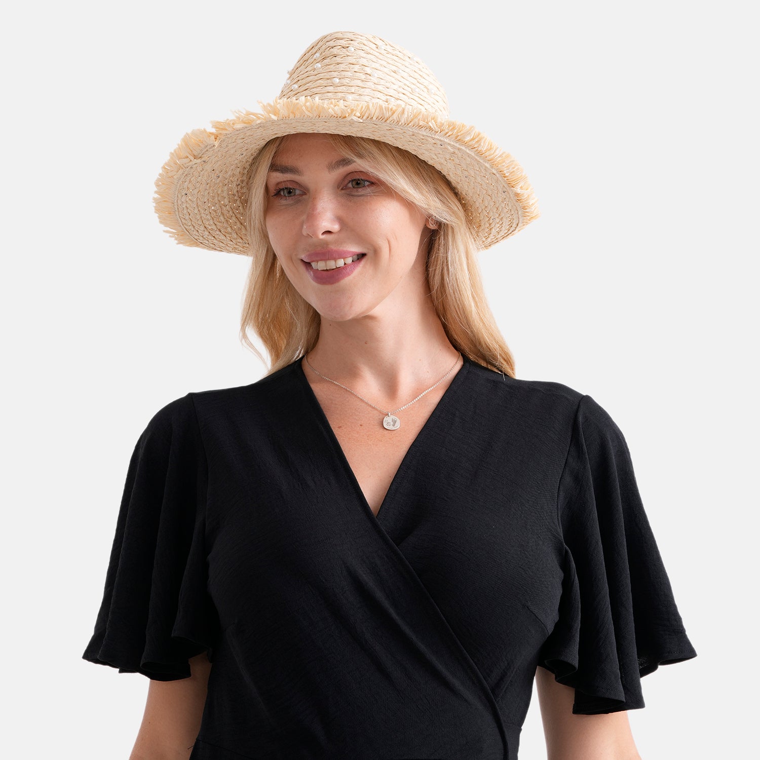 Designer Paper Straw Sun Hat with Artificial Pearls (58cm) - Off White V32536862 3