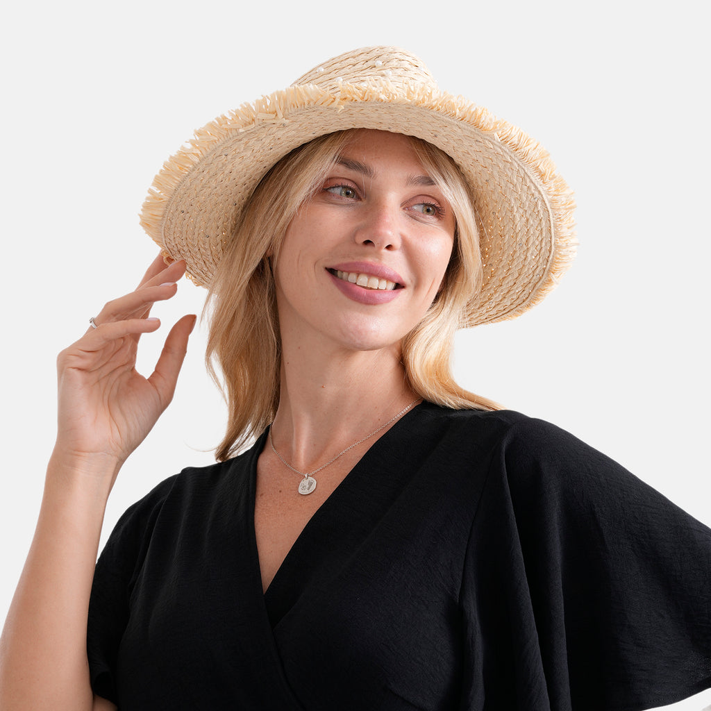 Designer Paper Straw Sun Hat with Artificial Pearls (58cm) - Off White_8519771_3