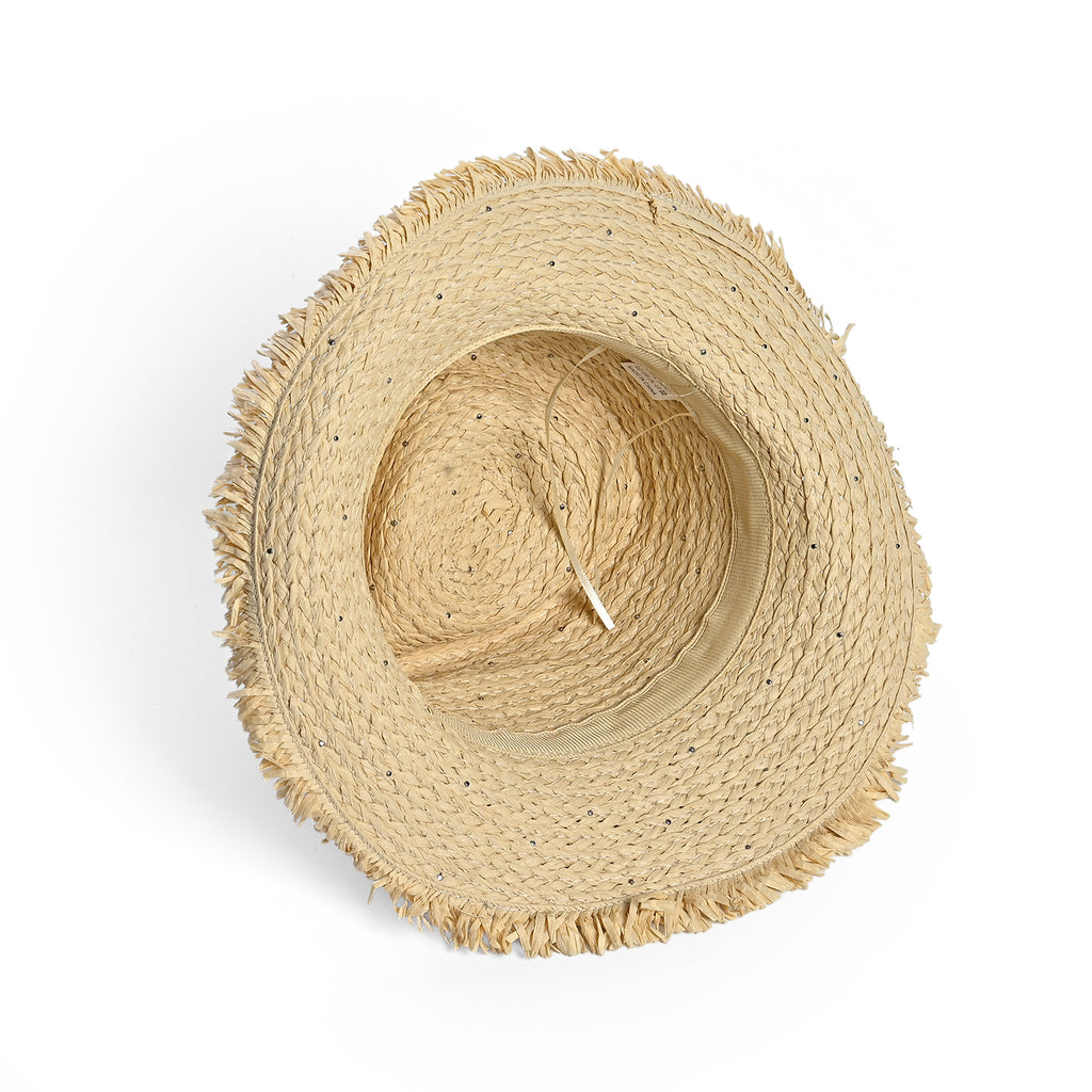 Designer Paper Straw Sun Hat with Artificial Pearls (58cm) - Off White_8519771_5