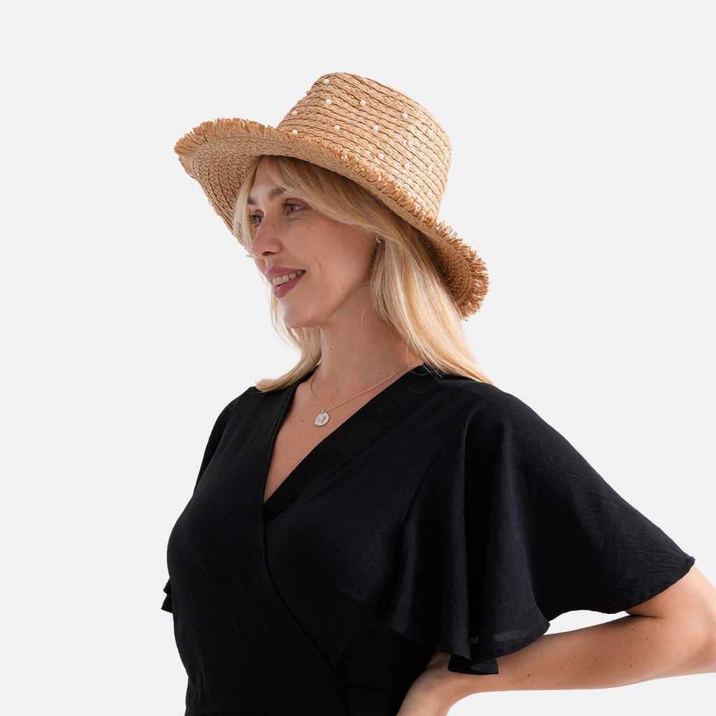 Designer Straw Sun Hat with Artificial Pearls (58cm) - Khaki_8519772_2