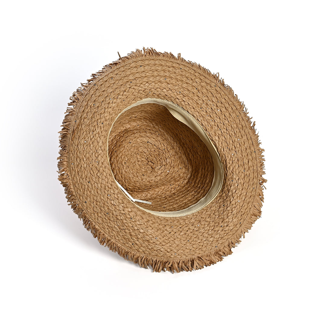 Designer Straw Sun Hat with Artificial Pearls (58cm) - Khaki_8519772_5